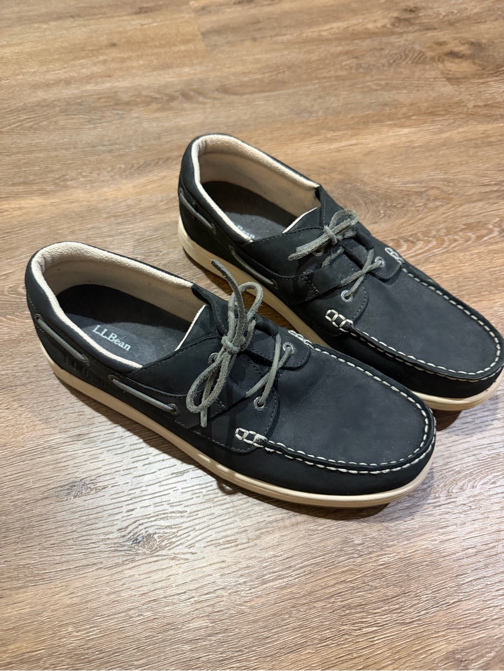 L.L.Bean Black Leather Boat Shoes Deck Moc Lace Up Casual Men’s Size 13